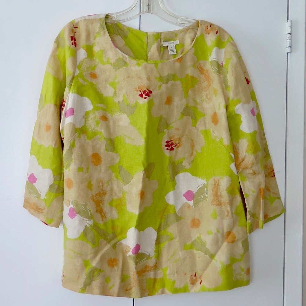 Vintage J. Crew Floral Print Top Shirt 100% Linen